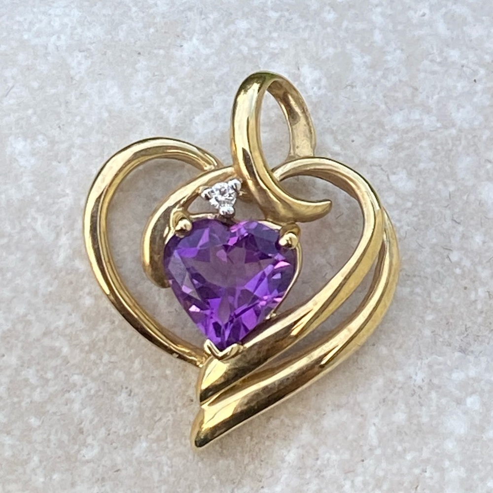 Amethyst Diamond double Heart solid 10k yellow gold pendant